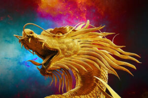 3D rendered image of a yellow dragon