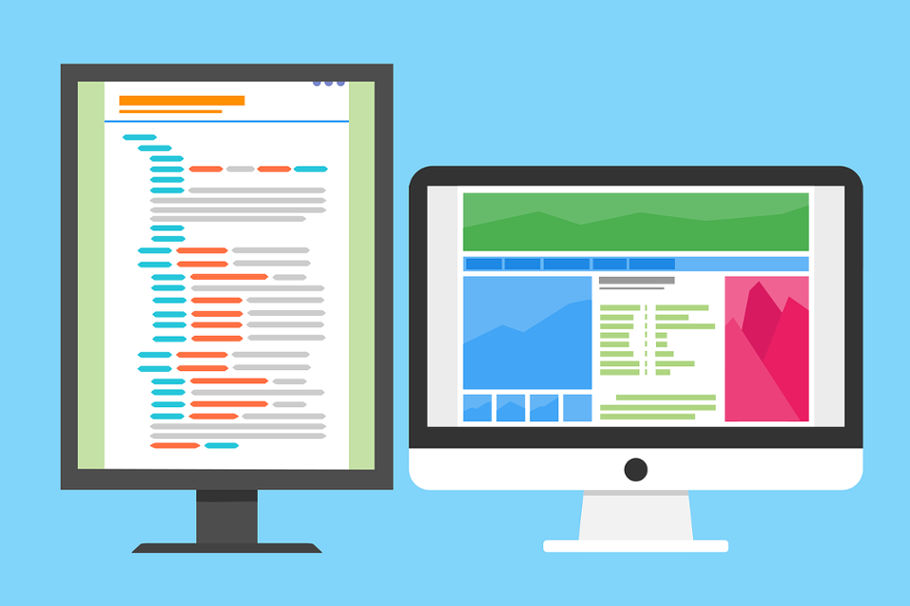 Flat design graphic of a dual monitor PC setup