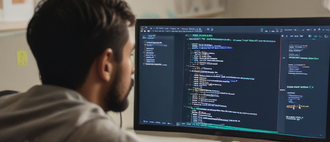 A web developer sits coding on a monitor.