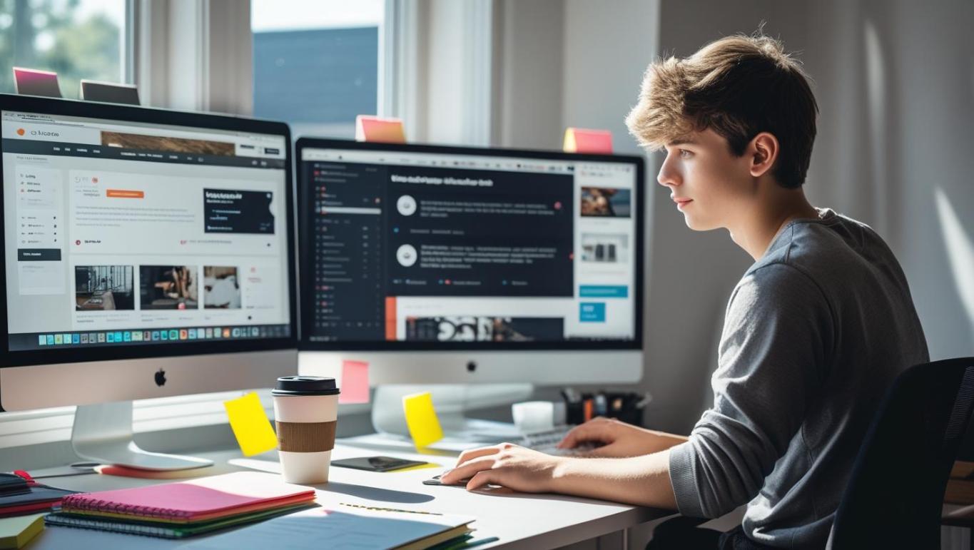 Young developer in sunny office coding with social media dashboards on screens.