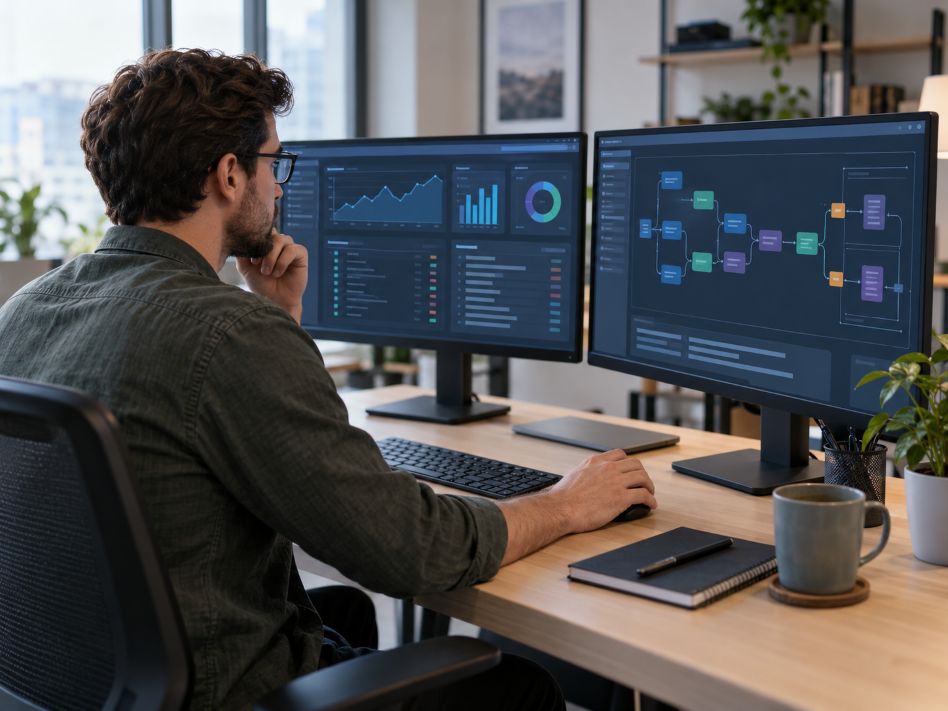 software developer comparing an external API dashboard with an internal data-pipeline architecture